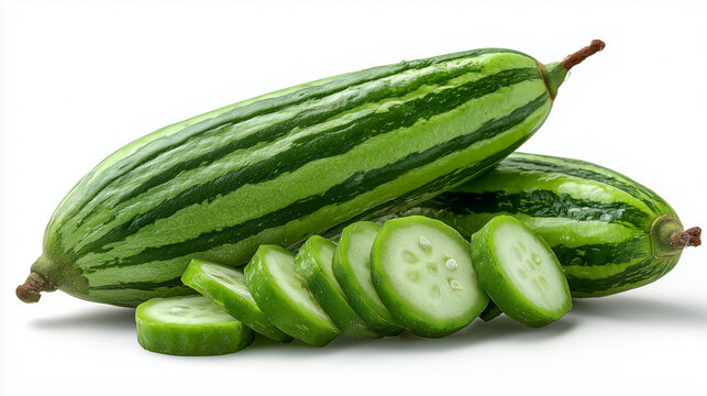 Fresh green snake gourds placed on a white background, with one sliced into round pieces showing its pale interior. The elongated, slightly curved vegetables have a smooth, striped surface.