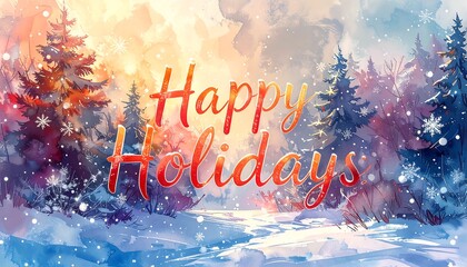 Winter scene with "Happy Holidays" text overlay, depicting a snowy landscape, fir trees, and soft, blurred background