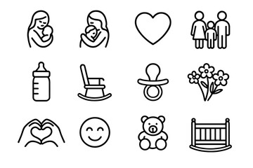 Mom's Affection Icons. Mom?s affection. Line icon set of mom?s affection: mother holding baby, hug, heart, family, baby bottle, rocking chair, pacifier,