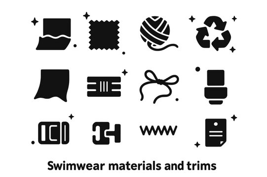 Swimwear Materials Icons. Swimwear materials and trims. Solid icons set of Swimwear materials and trims: nylon fabric, polyester fabric, spandex yarn, recycled