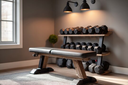 Adjustable bench with dumbbells in a modern home gym corner under overhead lighting