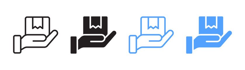 Hand holding package or box icon set. Safe delivery symbol. Outline and solid style vector illustration
