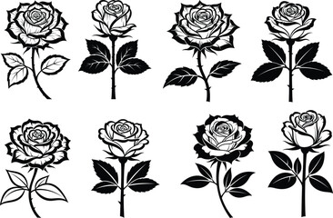 Black Rose Vector Set Elegant Floral Design Elements Rosebud Blossoms Stems and Leaves Isolated on Transparent Background