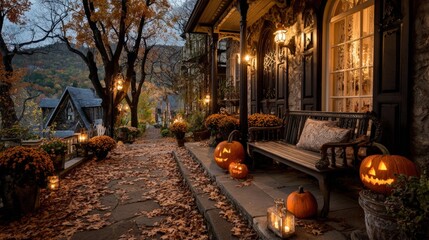 Glowing carved pumpkins and lanterns on a front porch with autumn leaves at twilight