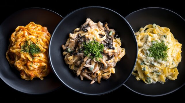 Three enticing pasta dishes showcase rich flavors and colorful sauces. Each bowl features unique ingredients, combining tradition and creativity for a delightful dining experience