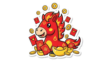 A cute red cartoon horse, the Chinese zodiac animal, celebrates Lunar New Year with gold coins, ingots, and red envelopes.