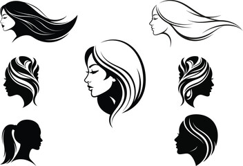 Woman Profile Silhouette Vector Set Hair Style Head Female Face Portrait Beauty Salon Logo Design Isolated Transparent Background