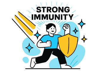 Strong Immunity Illustration. Immune System Support. Sunlight beams strike a figure surrounded by shield and sparkle icons. ?Strong Immunity? glows above