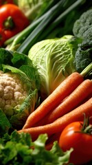 Close-up of assorted fresh vegetables including carrots, cabbage, broccoli and tomatoes ideal for healthy diet concepts, vegan recipes and organic farm product visuals