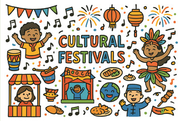Obraz premium Vibrant Festival Celebration. Cultural festivals. Colorful Hand-drawn doodle Children illustration Cultural festivals colorful banners, music notes, drums,