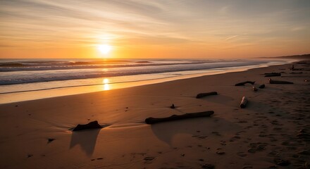 Serene coastal sunrise painting the sand with gold while gentle waves meet the shore creating a tranquil and