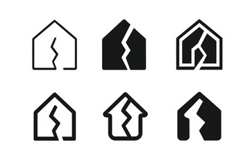Fototapeta premium Property Damage Logos. Property damage risk. Set Logo of Property damage risk: house with fracture line. harmonious logo variations of the same emblematic