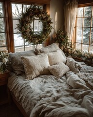 Fototapeta premium Cozy bedroom with linen textures and wreath in soft winter morning light