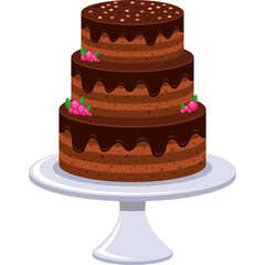 Three Tier Chocolate Cake with Chocolate Ganache Drizzle and Pink Berries on a White Cake Stand on Transparent Background