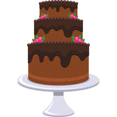 Three Tier Chocolate Cake With Pink Berries And Chocolate Drizzle On A White Cake Stand Against A Transparent Background