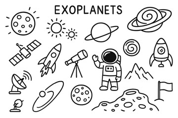 Exoplanet Exploration Doodles. Exoplanets. Hand-drawn doodle illustration alien planet, double suns, ringed world, atmosphere swirl, satellite, rocket,