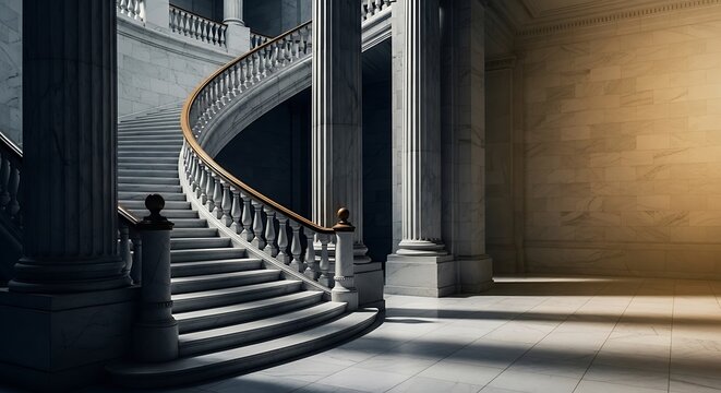 Elegant marble staircase and towering columns in a sophisticated architectural interior scene