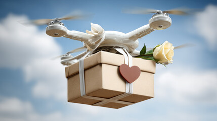 White drone flies among clouds carrying a gift box decorated with a heart and a white rose. Concept of innovative gift delivery, romance, care, and modern technologies.