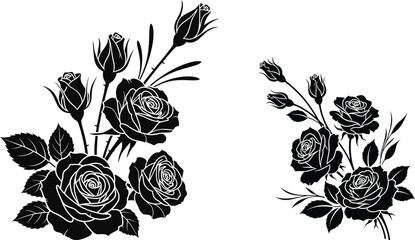 Rose Silhouette Collection Decorative Floral Design Element Art, Botanical Illustration, Garden Flower Vector Template Set