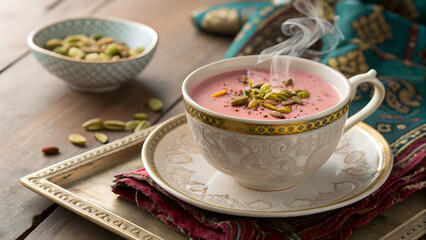 Authentic Kashmiri Pink Tea with Pistachios and Almonds in Traditional Cup – Steaming Noon Chai Photography
