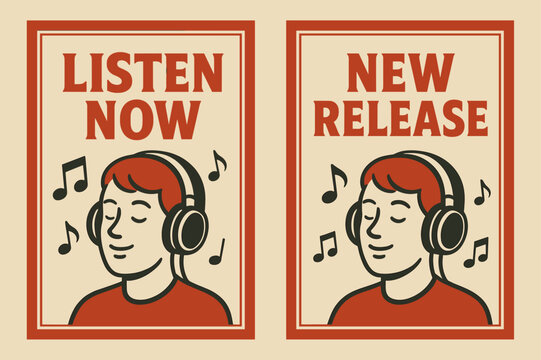 Retro Music Banners. Listeners. Two vertical A6 banners with safe margins, centered composition, no elements touching edges, retro, red and beige, music notes,