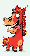 Cartoon horse with flames around its hooves and mane, smiling widely.