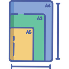 Three Paper Sizes A4 A3 A5 With Measurements In Blue Green Yellow And Purple Color Palette Against Transparent Background