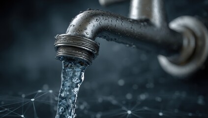 Modern water tap pouring clear blue liquid with abstract network background