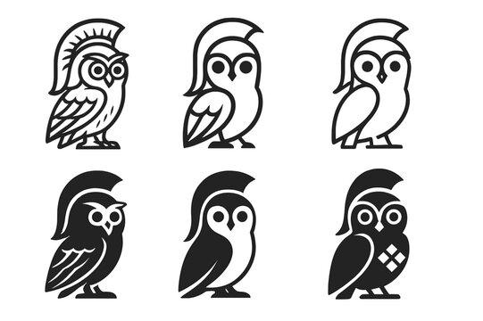 Mystical Deity Logos. Ancient gods and goddesses in a mystical landscape. Set Logo of Ancient gods and goddesses in a mystical landscape: Athena owl. Icon set.