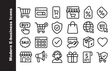 Modern E-business and Online Shopping Line Icons Set. Digital Marketplace Symbols Collection.