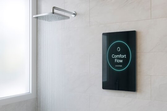 A modern smart shower system with a digital control panel displaying water usage and temperature settings. The sleek design enhances a contemporary bathroom.