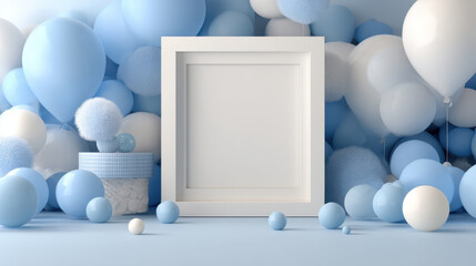 Soft blue and white balloons with blank white square frame and decorative elements create calm and gentle atmosphere