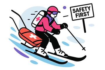 Ski Rescue Mission. Ski Patrol In Action. A rescuer carves with a sled, red cross emblem gleaming; urgency meets calm precision. ?Safety First? hangs in the