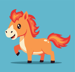 Cartoon illustration of a cute orange horse with a fiery mane and tail, standing on a blue background.