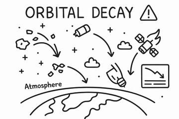 Naklejka premium Orbital Decay Illustration. Orbital decay. Hand-drawn doodle illustration orbital decay Earth, debris trajectory, falling satellite, heat trail, broken rocket,