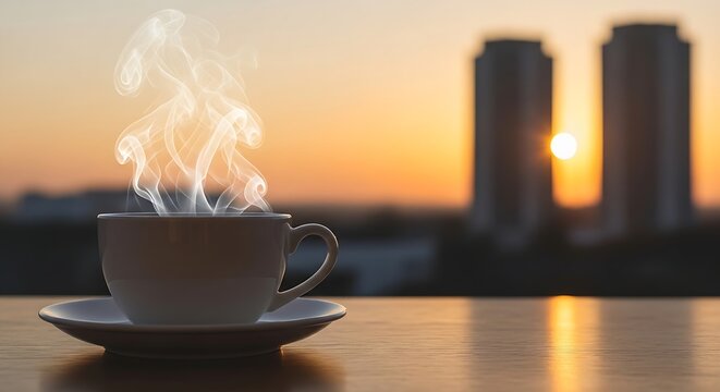 Steaming cup of coffee on a weathered wooden table with two silhouetted skyscrapers in the urban sunrise background.