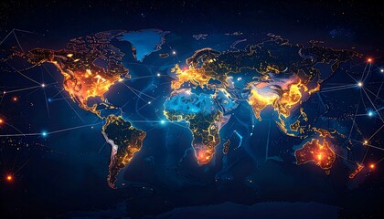 World map glows with interconnected lines, simulating data networks or energy flow on a dark blue background