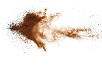 A dynamic burst of brown powder explodes against a white background. capturing the essence of movement and energy. ideal for culinary or artistic uses