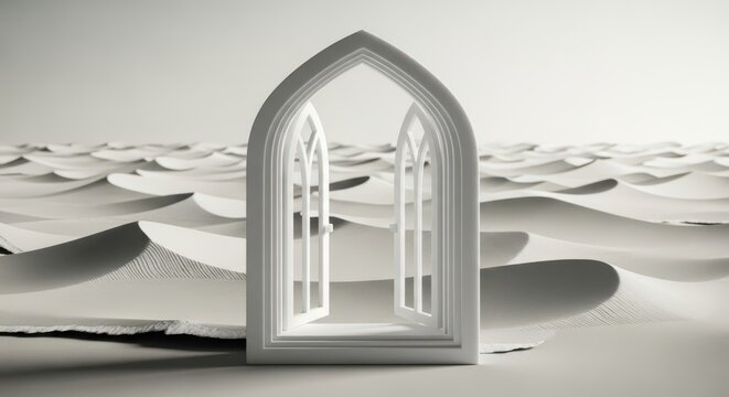 Gothic archway in a vast desert landscape, a surreal architectural element