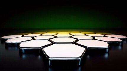 A futuristic hexagonal platform with metallic edges and white surfaces, illuminated by vibrant yellow and green light.