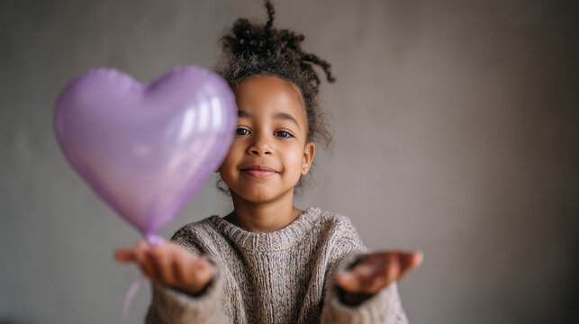 A little girl in a knitted sweater extends her hands forward, holding a purple heart-shaped balloon against a neutral background. Concept of tenderness, care, dreams, and childhood.