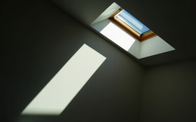 Diagonal sunlight beam illuminates interior space through skylight window