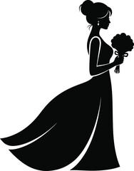 Elegant Bride Silhouette Illustration with Flowing Gown and Bouquet on Transparent Backdrop