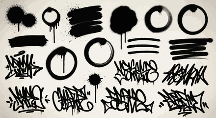 Collection of artistic spray paint designs, including tags, splashes, and grunge elements © Muhammad