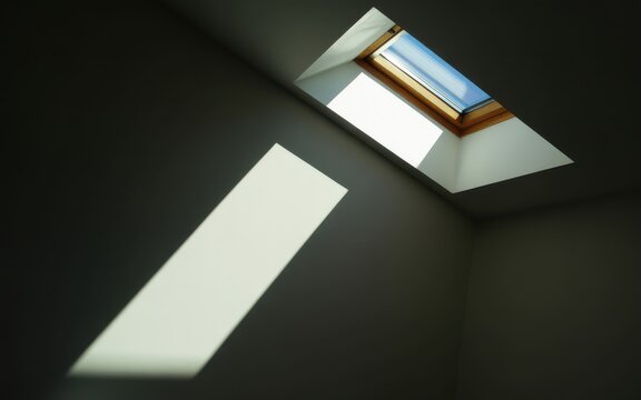 Diagonal sunlight beam illuminates interior space through skylight window