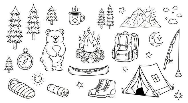 Camping and Adventure Seamless Pattern: Hand-Drawn Doodle of Nature Elements