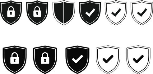 Shields Set for Security Vector Icons with Padlocks and Check Marks Cyber Defense Assurance Symbols Protection