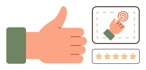 Thumbs-up for approval, hand clicking a target, and five-star rating symbolizing feedback, online reviews, and satisfaction. Ideal for quality control, engagement, ranking, satisfaction review