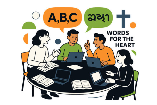 Bible Translation Workshop. Bible Translation Workshop. Laptops and open books circle a table; speech bubbles show ?A, B, C? shifting into local script. A soft