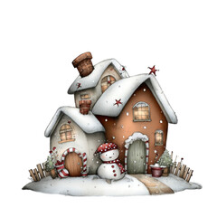 A sweet gingerbread house decorated for Christmas, isolated on snow
